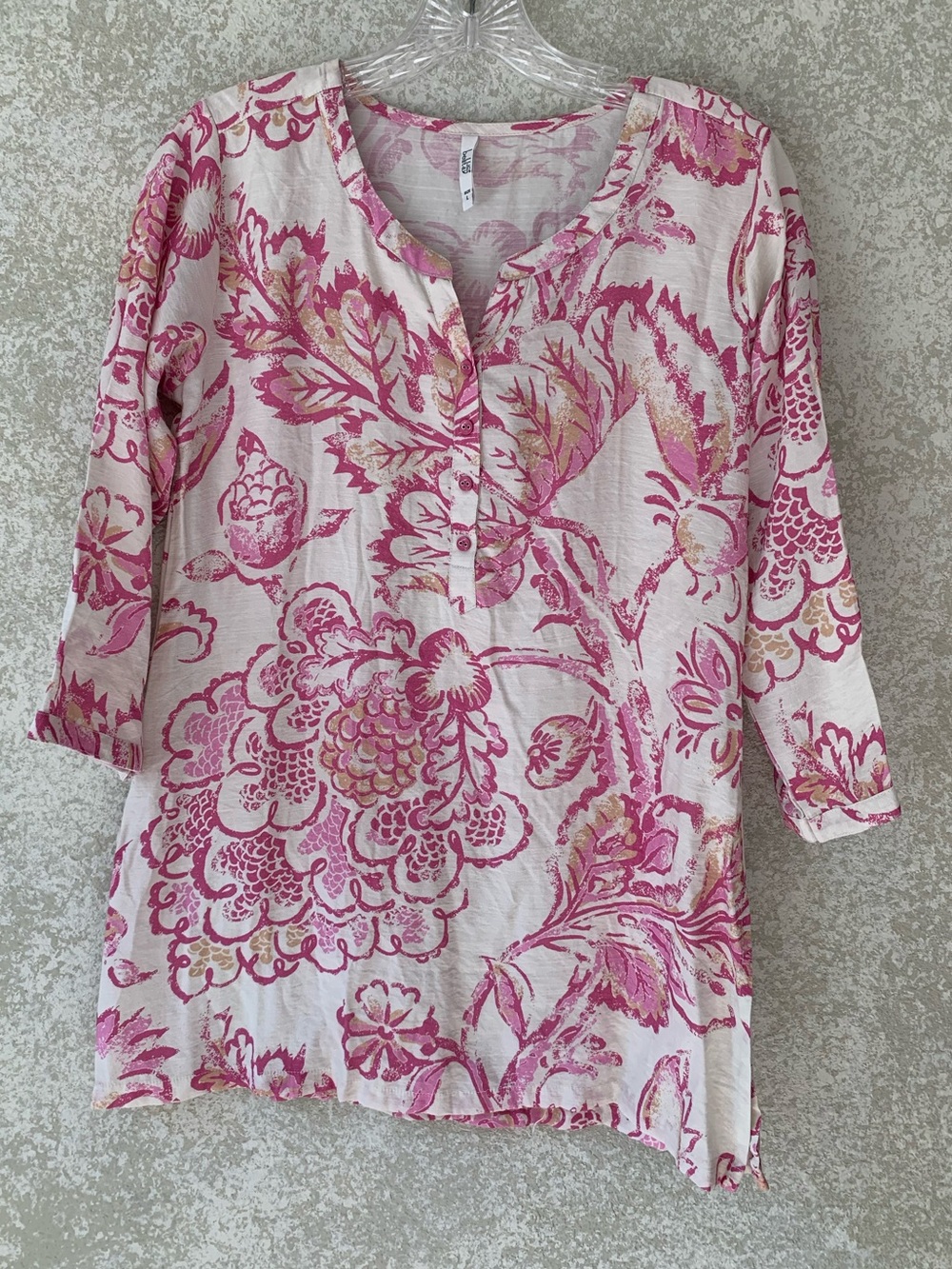 Belita Womens Pink Floral Block‎ Print Henley Tunic Top Size L